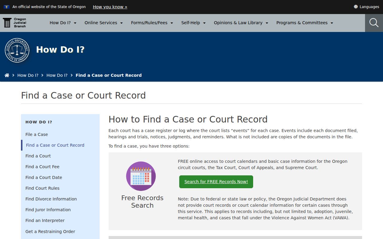 Wilsonville resident-record Oregon Judicial Department court-record access paths