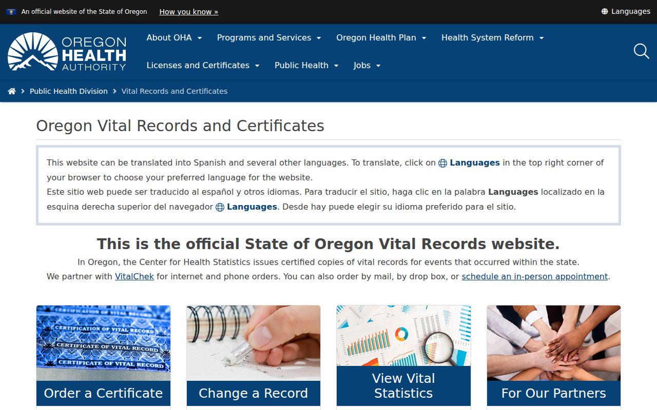 Wilsonville resident-record Oregon Vital Records certificate order options