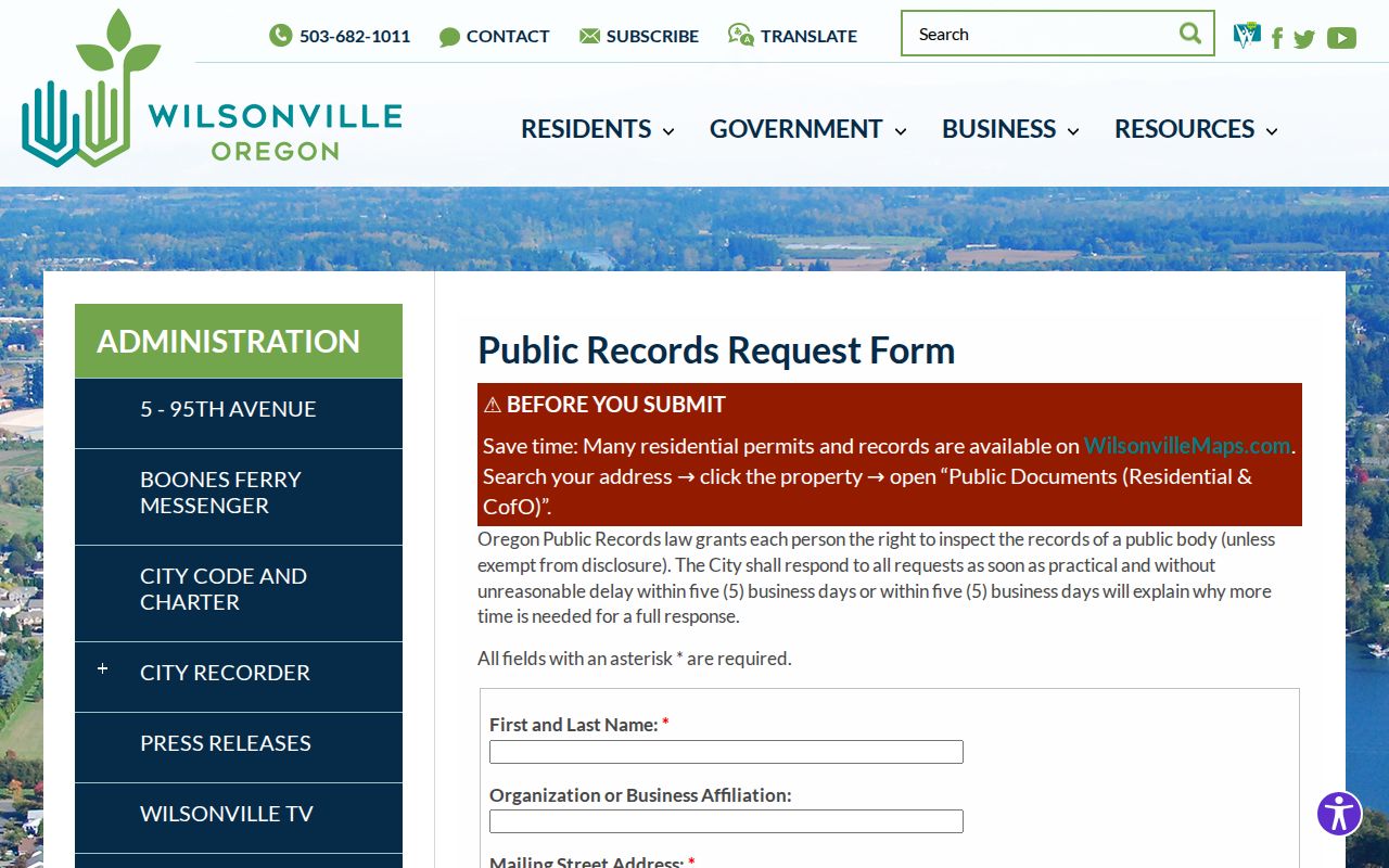 Wilsonville residents directory public-records request form