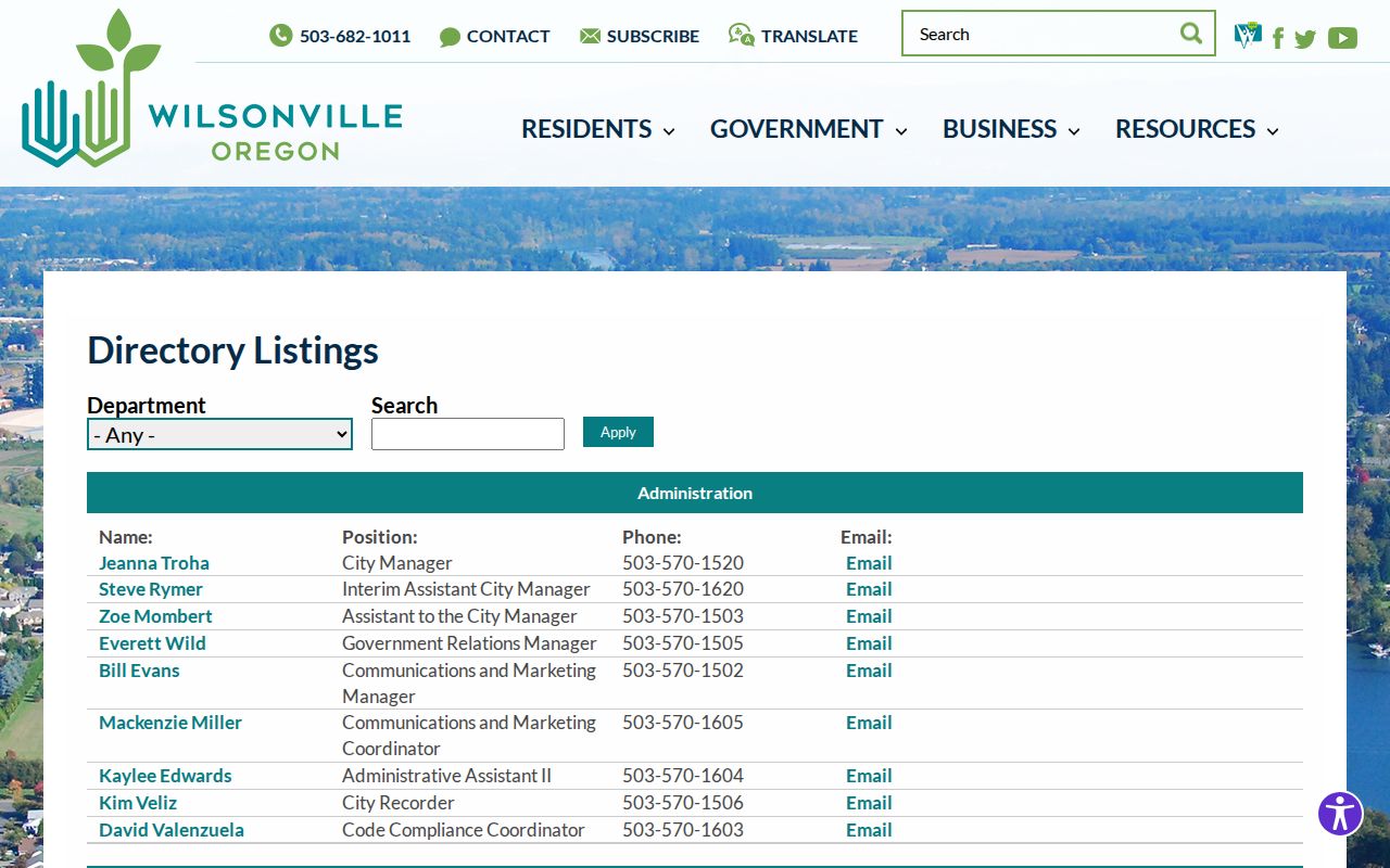 Wilsonville resident-record official City staff directory search